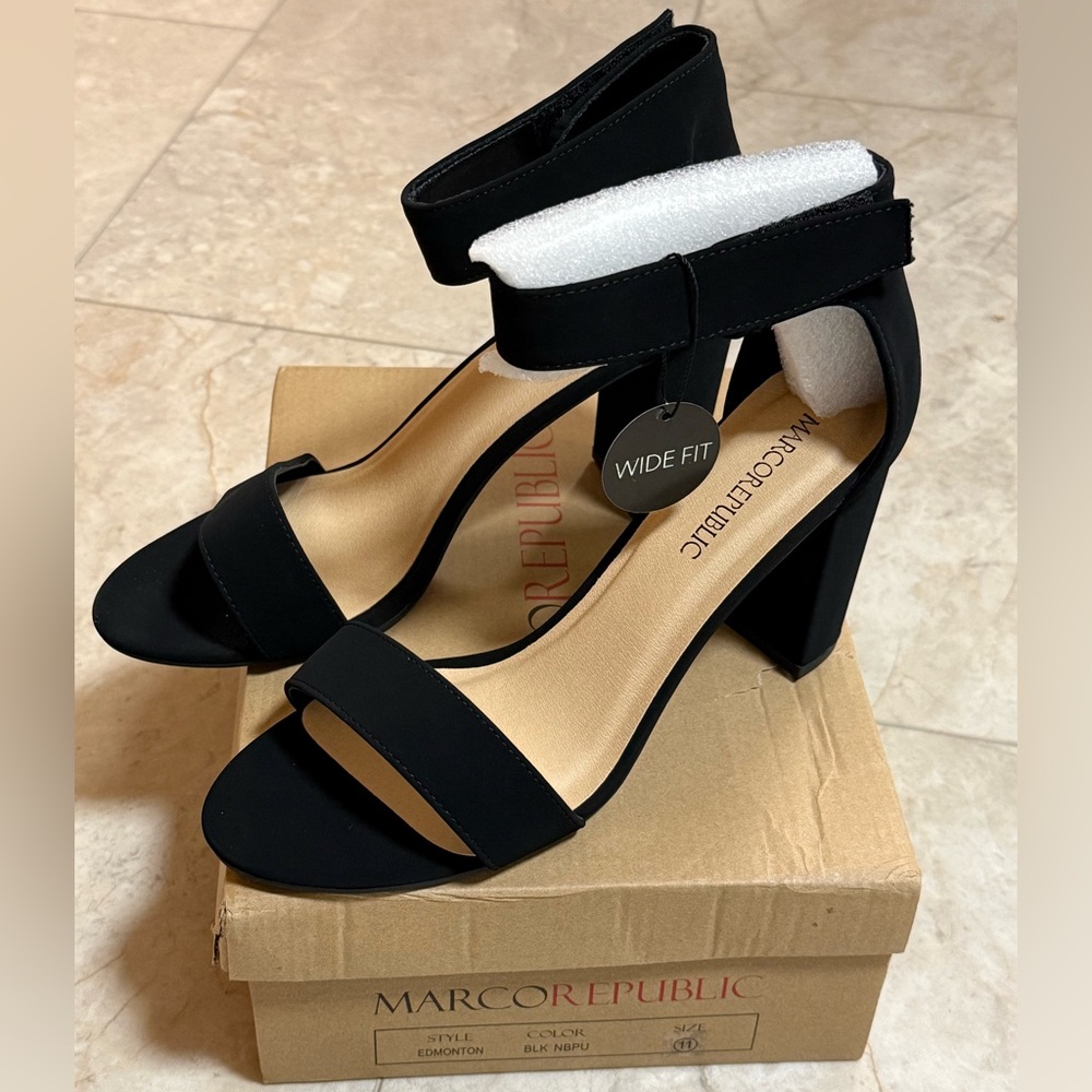 NWT Marco Republic Block Heels in Black Suede Wide-Fit Size 11